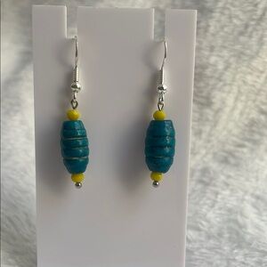 Vibrant Blue and Yellow Oval Bead Earrings